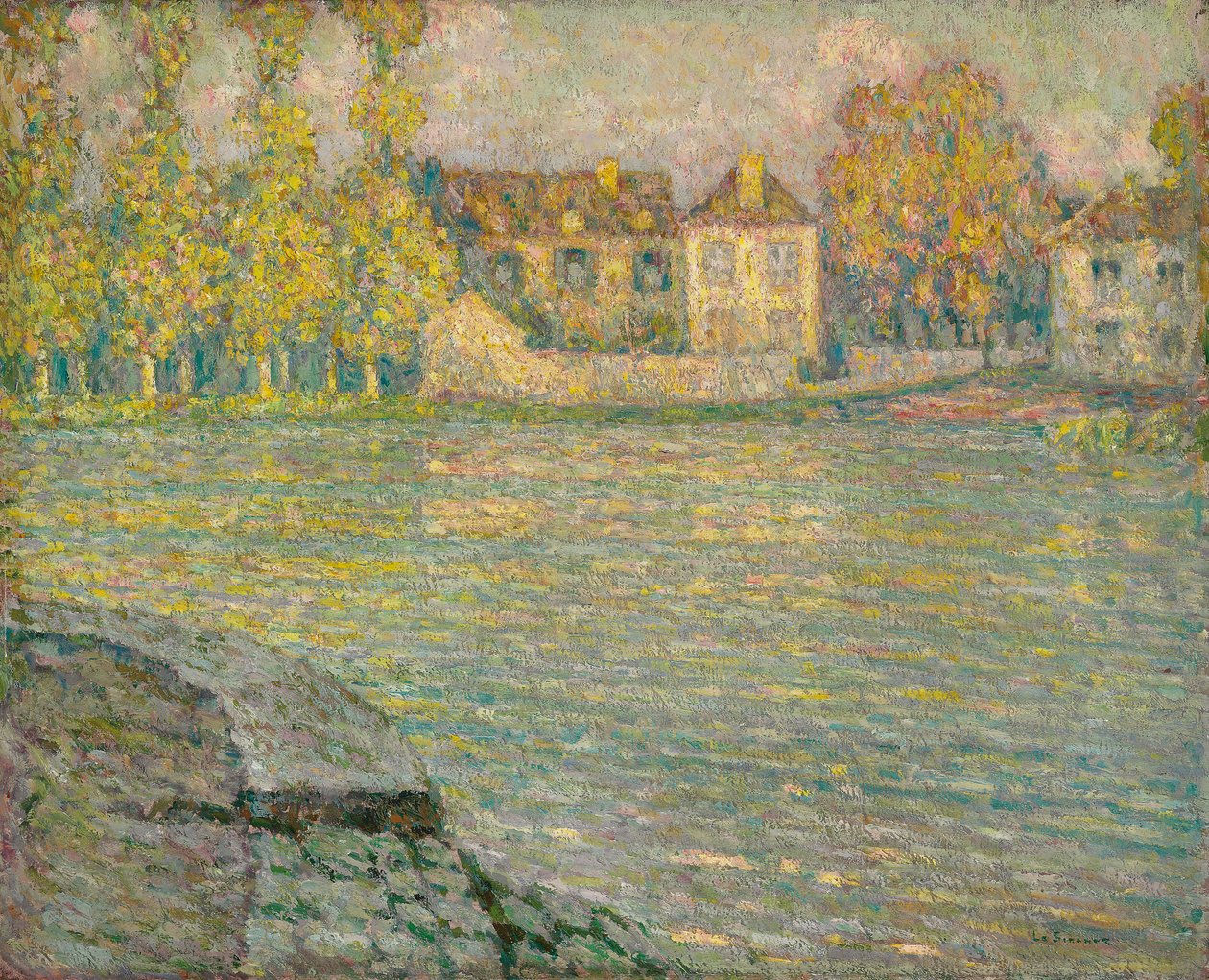 Casas à beira do rio ao pôr do sol, Moret; Casas no rio ao pôr do sol, Moret de Henri Eugene Augustin Le Sidaner