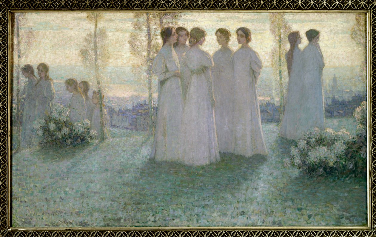 No domingo, Mulher vestida de branco falando em um jardim - Pintura de Henri Eugene (Henri-Eugene) Le Sidaner (1862-1939) de Henri Eugene Augustin Le Sidaner