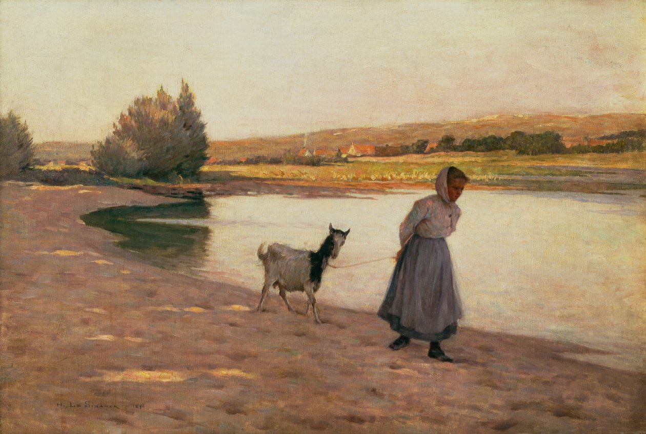 Mulher puxando uma cabra de Henri Eugene Augustin Le Sidaner