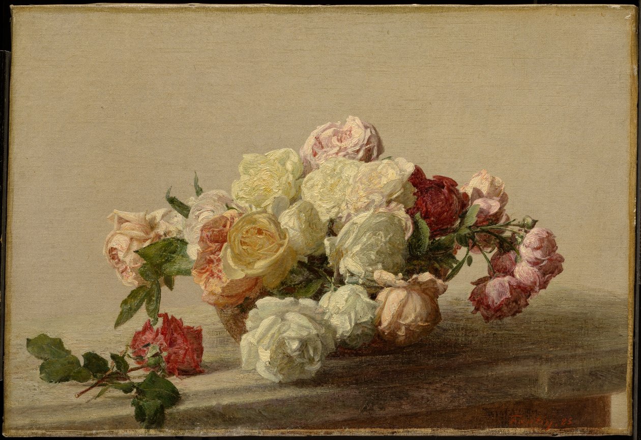 Taça de rosas sobre uma mesa de mármore de Henri Fantin-Latour