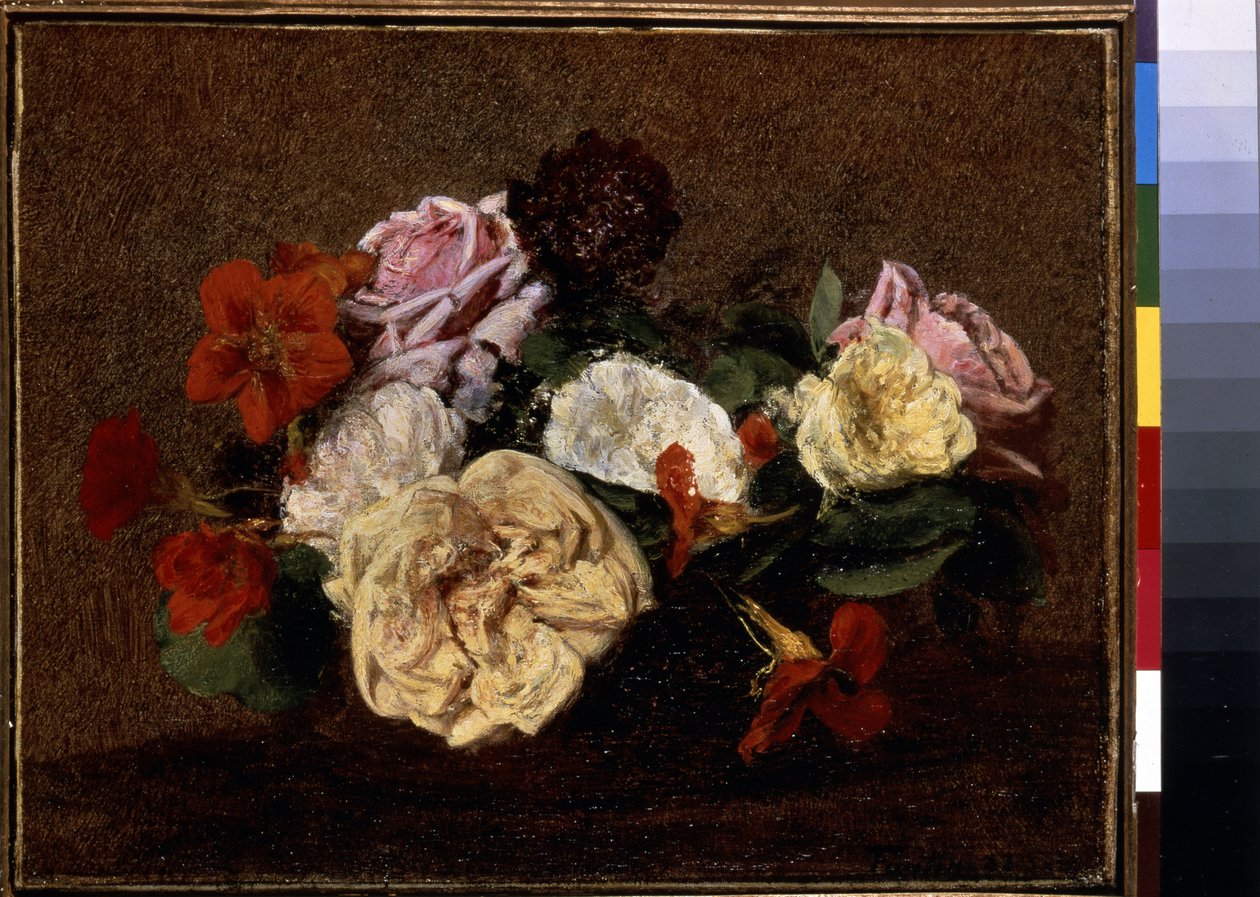 Rosas e Nastúricos num Vaso. Pintura de Henri Fantin-Latour (Fantin Latour de Ignace Henri Jean Fantin Latour