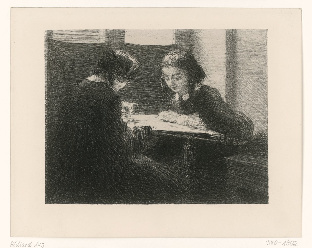 Mulheres que colam autocolantes. Duas senhoras à mesa de Henri Fantin-Latour