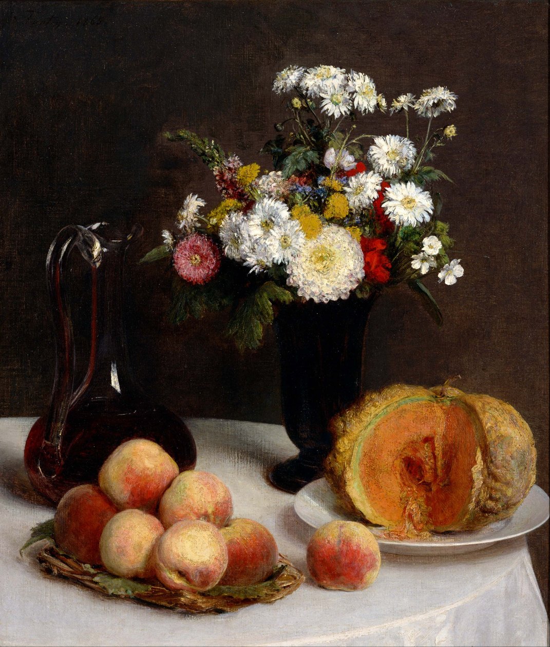 Natureza morta com flores, fruta e recipientes para vinho. de Henri Fantin Latour