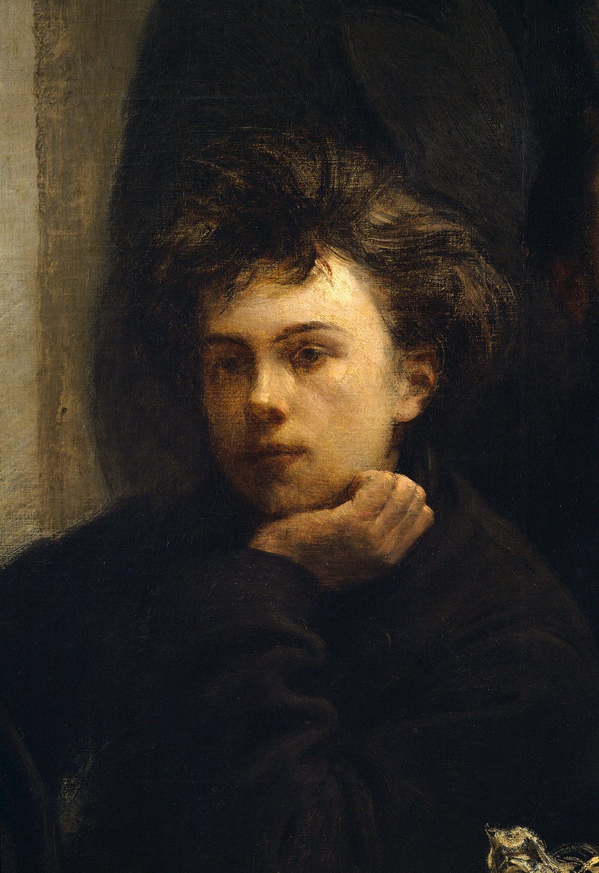 Uma mesa de canto, detalhe. Retrato de Arthur Rimbaud (1854 - 1891), poeta francês. Pintura de Henri Fantin Latour (Fantin-Latour de Ignace Henri Jean Fantin Latour