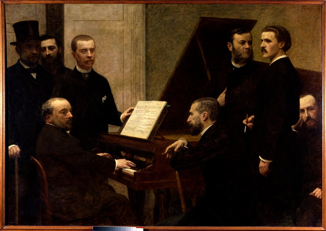 Ao redor do piano sentado da esquerda para a direita, Emmanuel Chabrier, Edmond Maitre e Amedee Pigeon. Em pé, Adolphe Julien, Arthur Boisseau, Camille Benoit, Antoine Lascoux e Vincent d