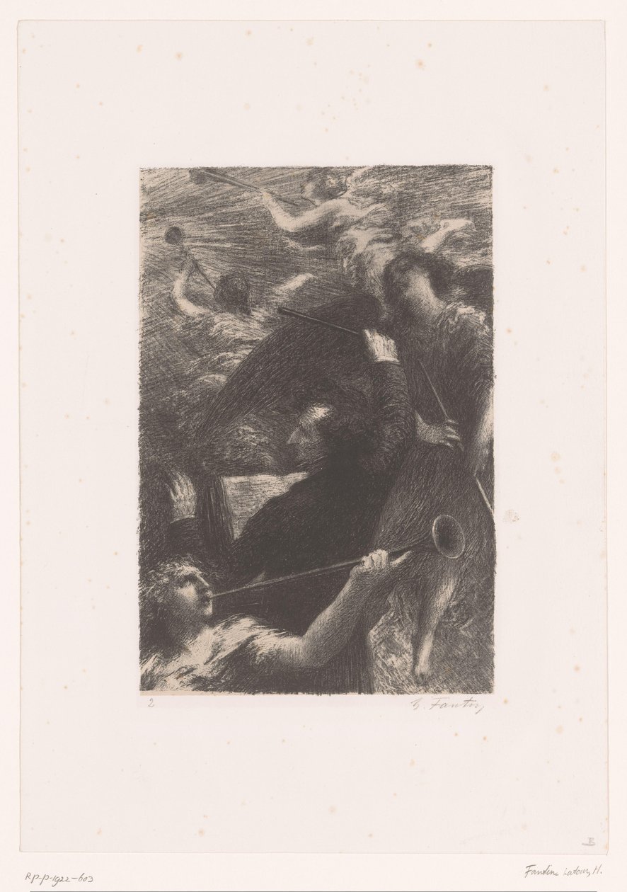 Berlioz rege entre quatro anjos que tocam trombetas Tuba mirum spargens sonum Vida e obra de Hector Berlioz (título da série) de Ignace Henri Jean Fantin Latour