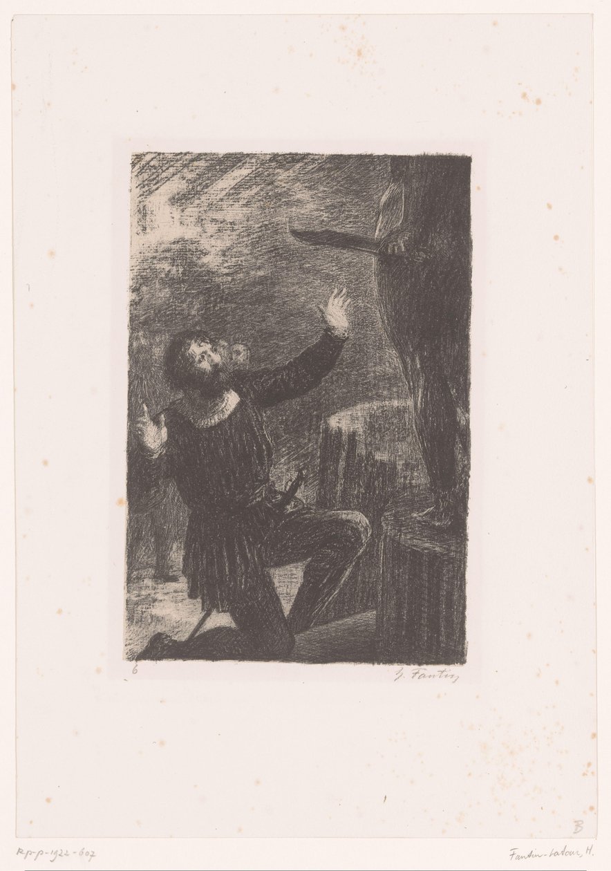 Cellini se ajoelha diante de sua estátua de bronze de Perseu Benvenuto Cellini. Ato III. La Fonte du Persee Vida e obra de Hector Berlioz (título da série) de Ignace Henri Jean Fantin Latour