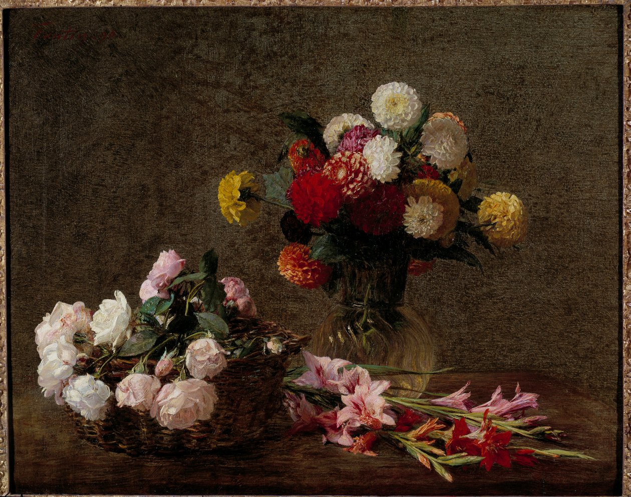 Dahlias e rosas numa cesta Pintura de Henri Fantin Latour (Fantin-Latour de Ignace Henri Jean Fantin Latour