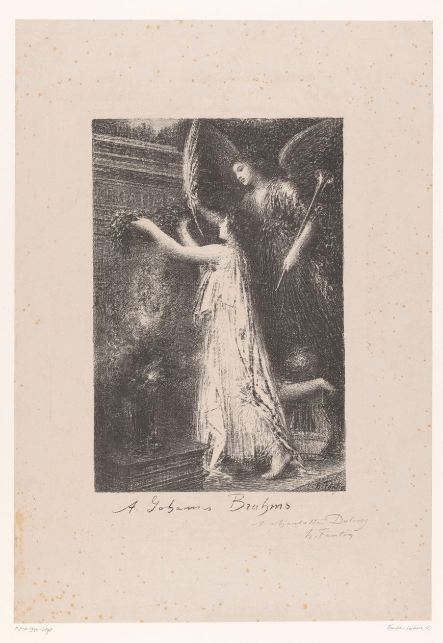Anjo e personificação da fama trazem coroa de honra no túmulo de Johannes Brahms Á Johannes Brahms (título no objeto) de Ignace Henri Jean Fantin Latour