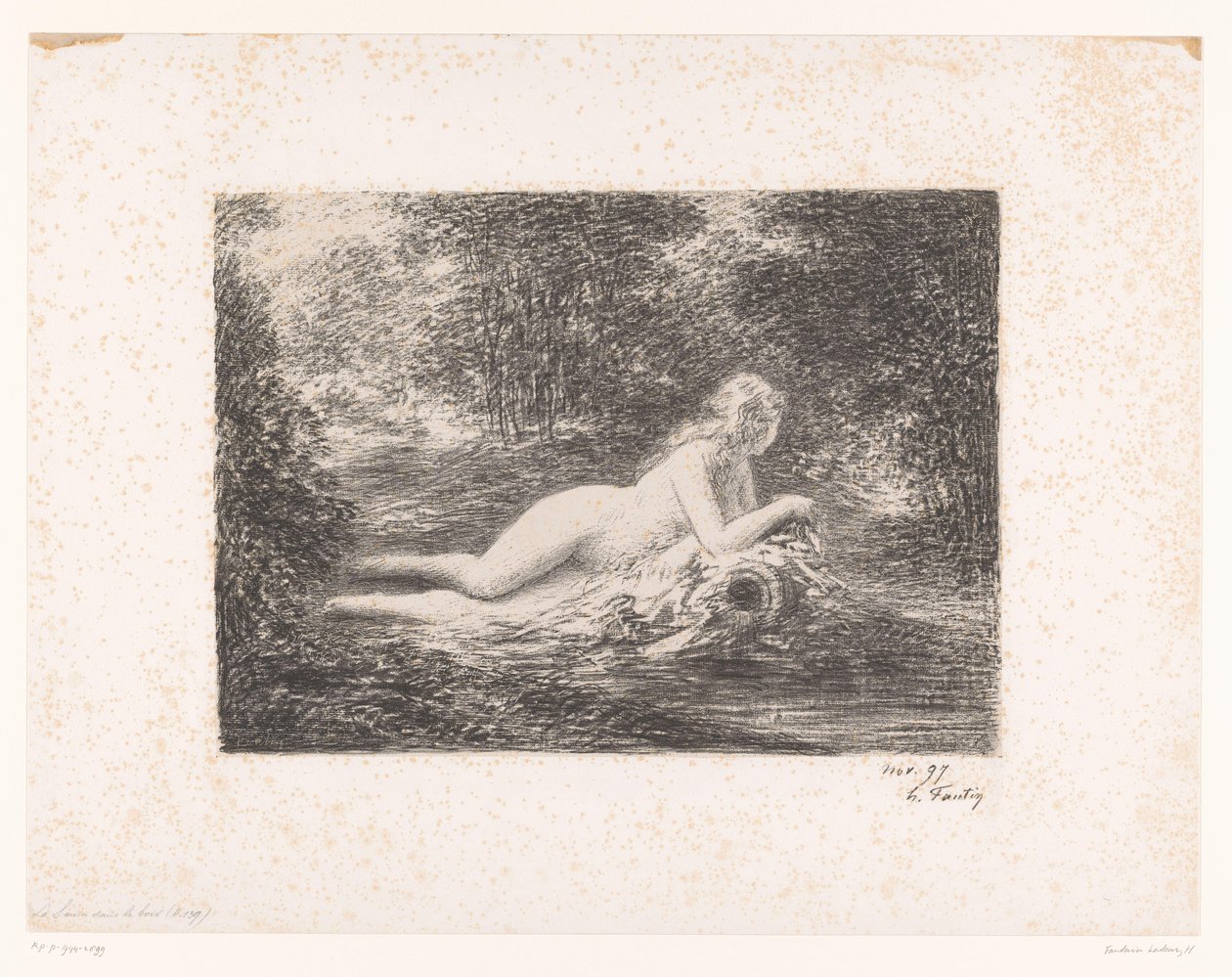 Ninfa com jarro de água por um córrego da floresta La source dans les bois (título no objeto) de Ignace Henri Jean Fantin Latour