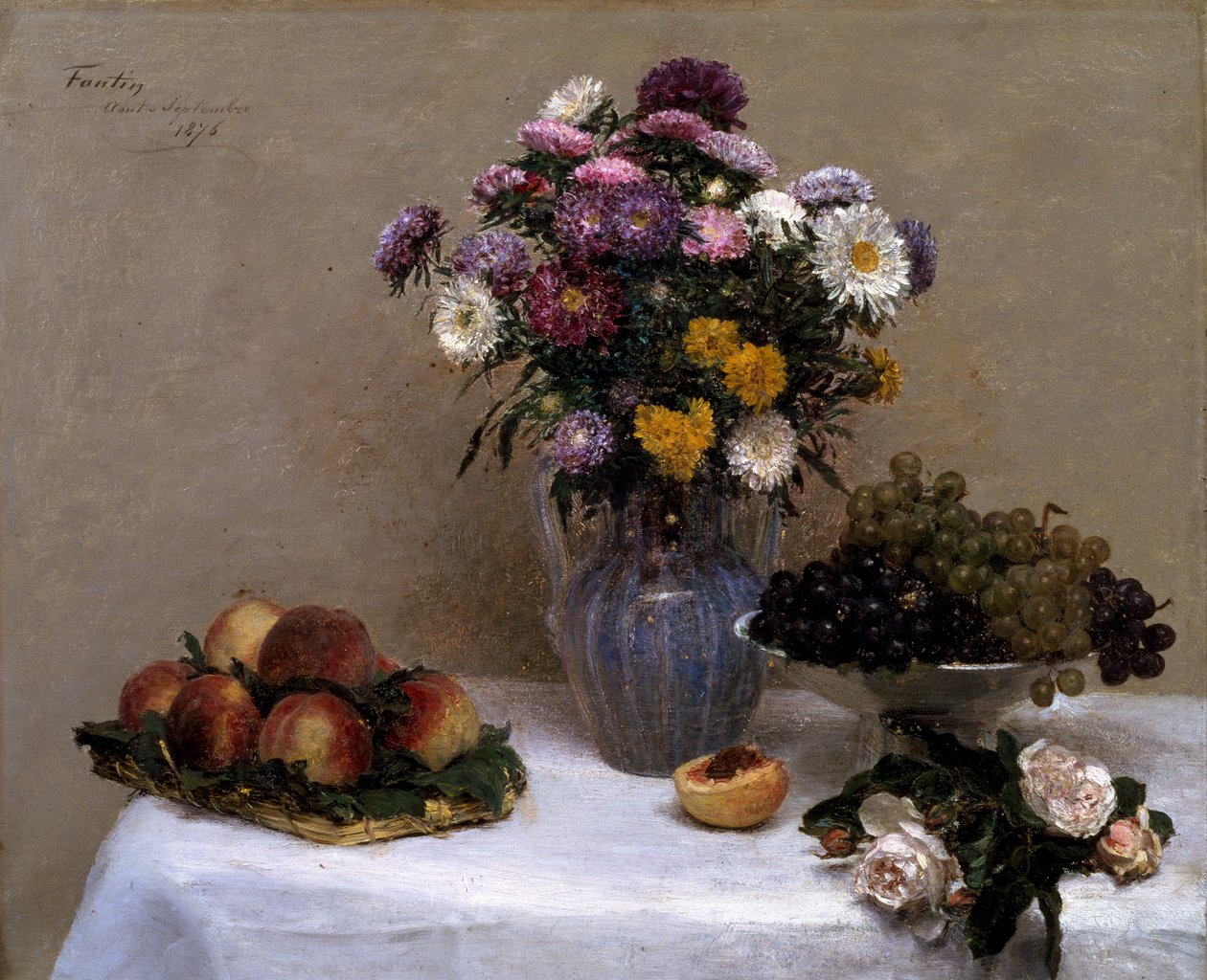 Rosas Brancas e Crisântemos num vaso de Ignace Henri Jean Fantin Latour