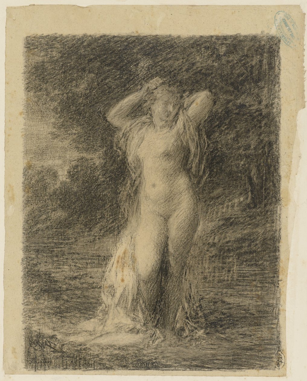 Mulher nua em pé numa paisagem florestal com água de Ignace Henri Jean Fantin Latour