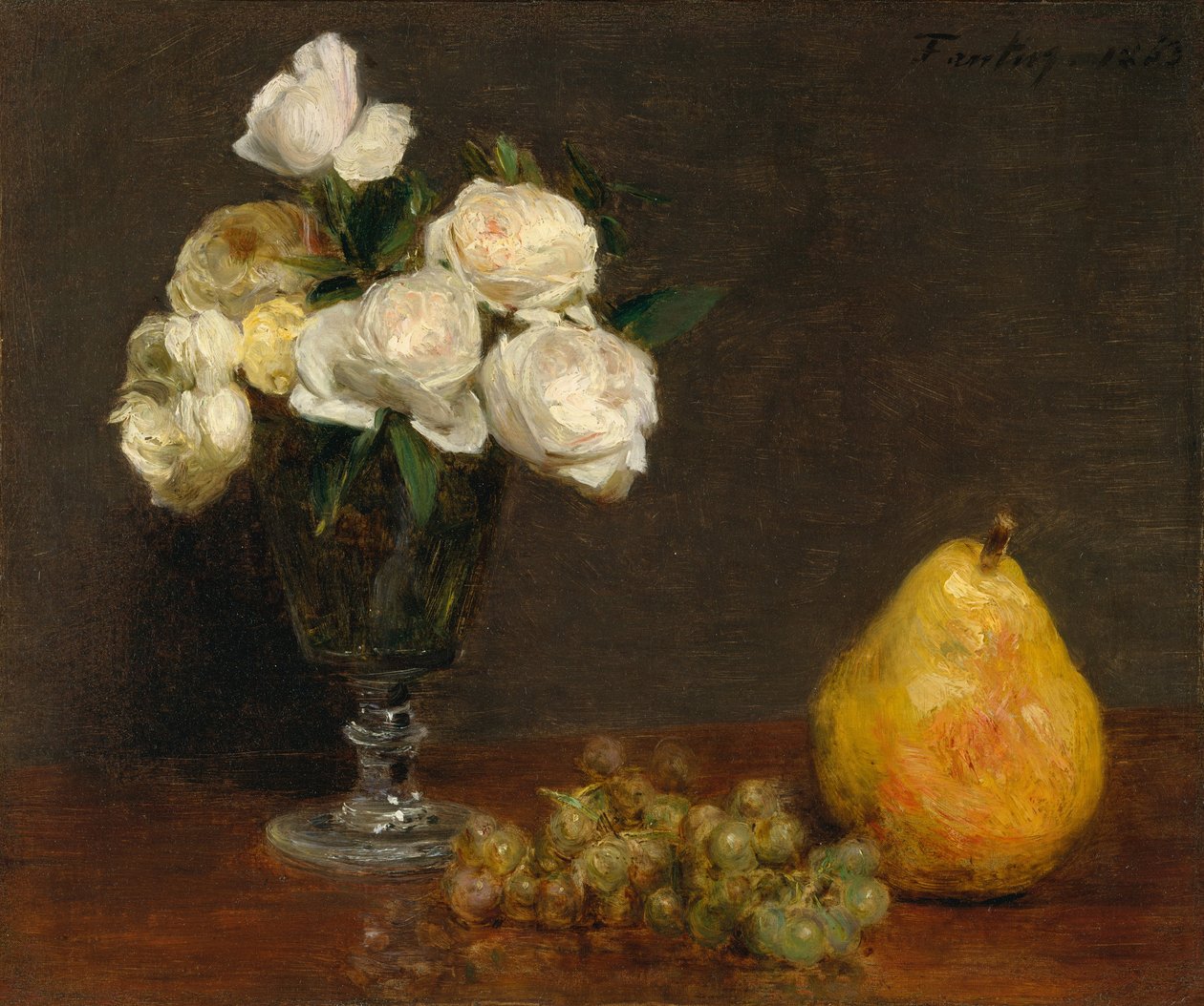 Ainda vida com rosas e frutas, 1863. de Ignace Henri Jean Fantin Latour