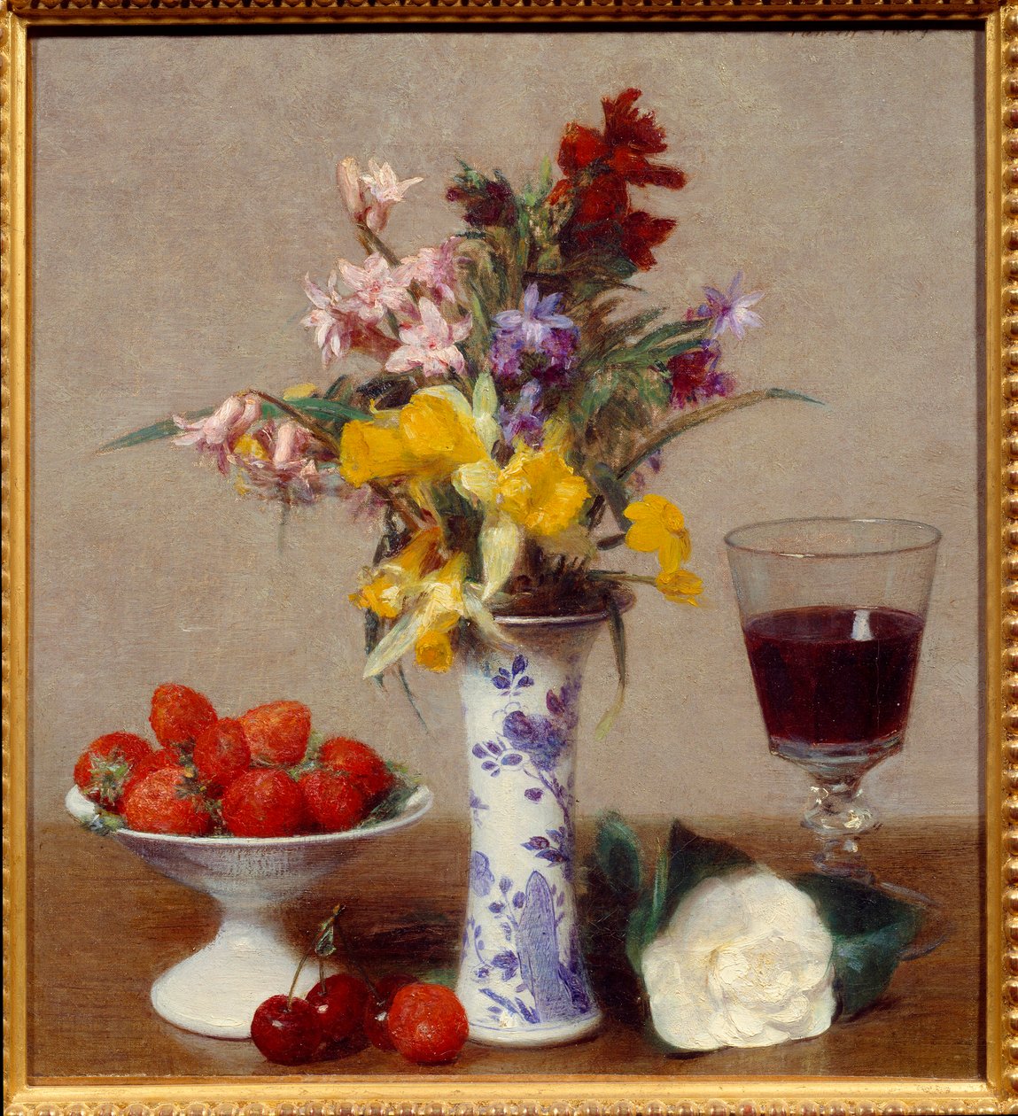 Natureza morta chamada noivado Um copo de vinho tinto, um bouquet de melange, cerejas e morangos. Pintura de Henri Fantin Latour (Fantin-Latour) (1836-1904) 1869 Sol. 0,32x0,29 m Grenoble, musee des Beaux Arts de Ignace Henri Jean Fantin Latour