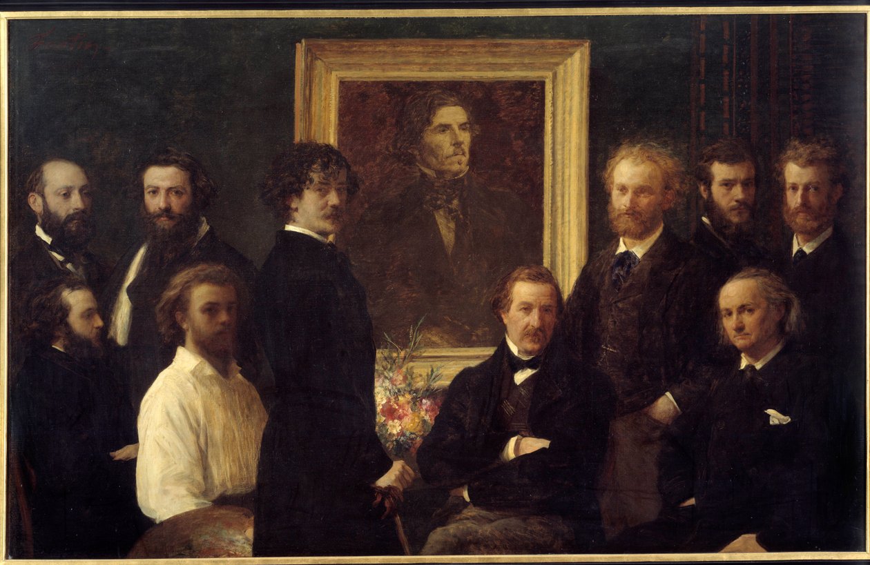 Tributo a Eugene Delacroix. Os personagens representados são Louis Edmond Duranty (homem de letras), James Abbott Mac Neill Whistler (pintor), Champfleury, Jules Husson (homem de letras), Edouard Manet, Charles Baudelaire, Louis Cordier, Alphonse Legros (p de Ignace Henri Jean Fantin Latour