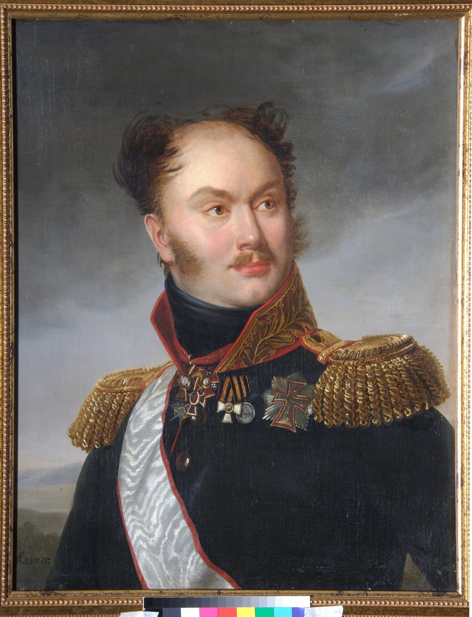Retrato do Conde Mikhail (Michael) Fyodorovich Orlov (1788-1842). O dezembrista (ou dezembrista) é representado com suas condecorações militares e honorárias. Pintura de Henri Francois Riesener (1767-1828), óleo sobre tela, por volta de 1818. Arte francesa de Henri Francois Riesener