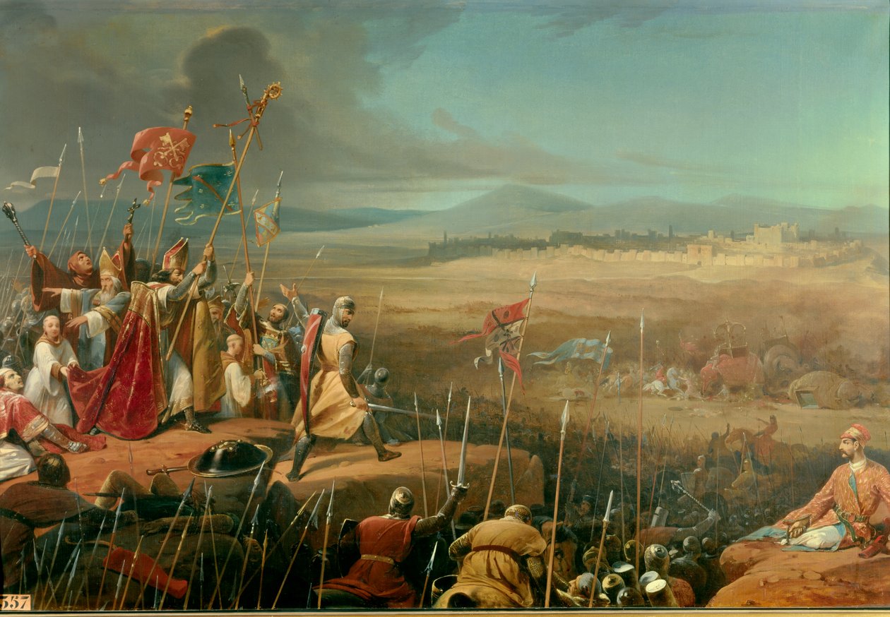 Primeira Cruzada: "Batalha travada sob os muros de Antioquia entre as travessias comandadas por Bohemond (Bohemond de Taranto ou Hauteville ou Bohemond I de Antioquia o Grande 1054-1111) e o exército de Karbouka (= Kerbogha morreu 1102), general do sultão  de Henri Frederic Schopin
