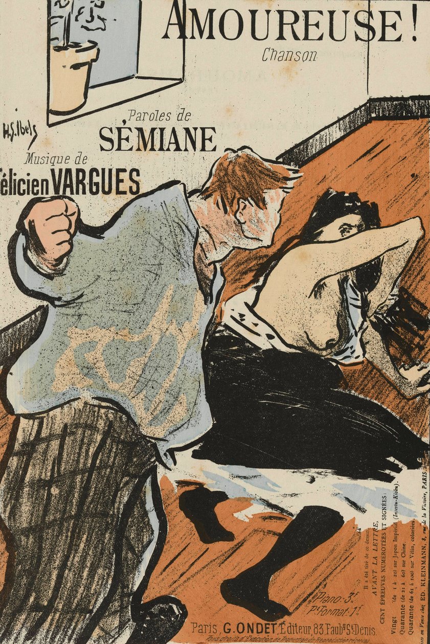 Capa da partitura de Amoureuse! de Felicien Vargues, de Ibels, Henri Gabriel (1867-1936). Litografia a cores de Henri Gabriel Ibels
