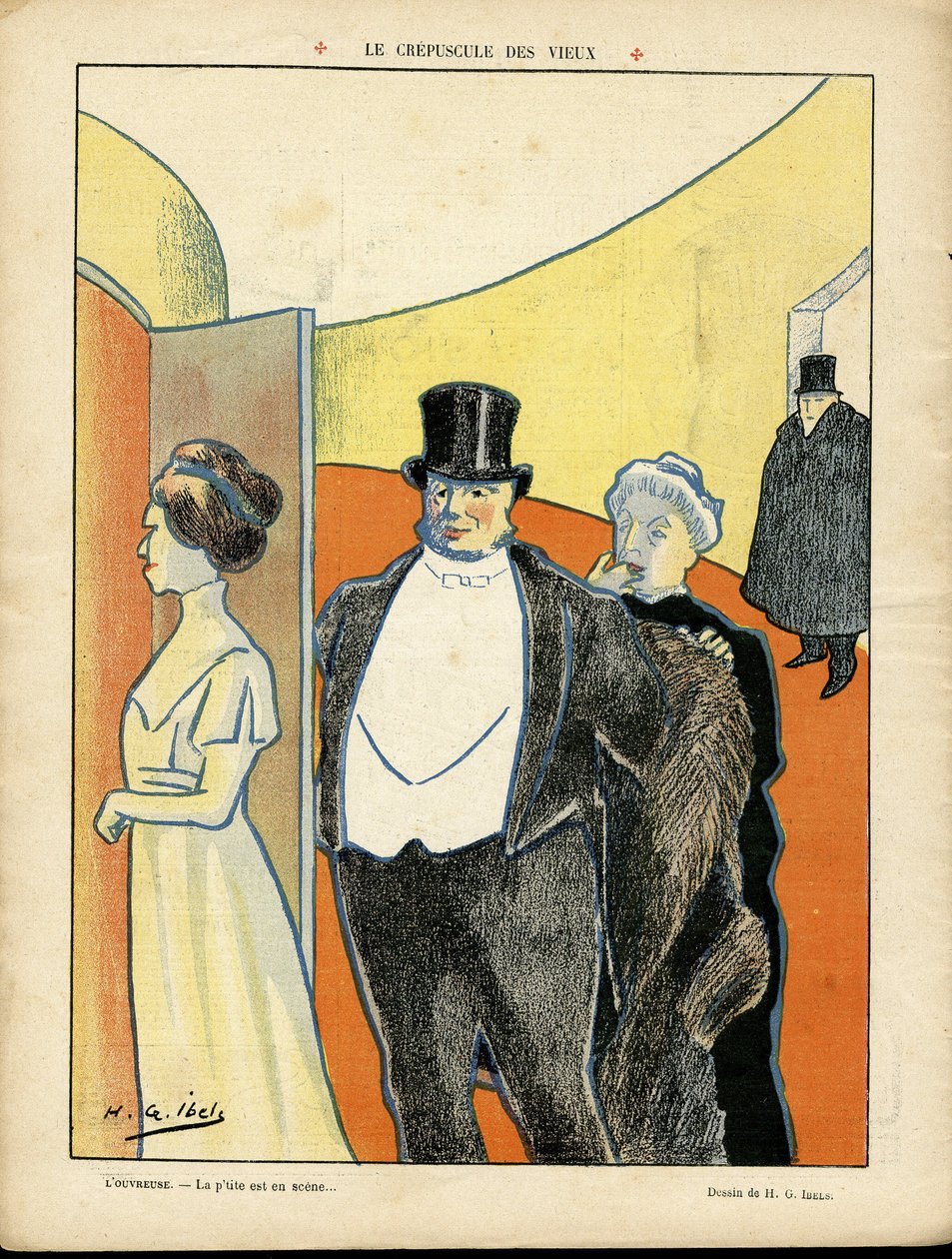 Ilustração de H. G. Ibels (1867-1936) em Le Rire, 27/02/09 - O Crepúsculo do Antigo - Teatro, Terceira Idade, Vida dos Ricos - Espectadores de Henri Gabriel Ibels