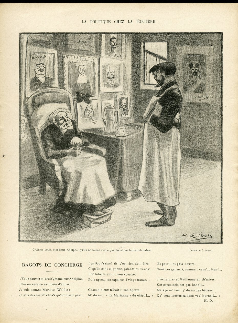 Ilustração de H. G. Ibels (1867-1936) em Le Rire, 08/01/10 - Política no Portiere - Soberanos Estrangeiros, Identificador - Loubet Emile de Henri Gabriel Ibels