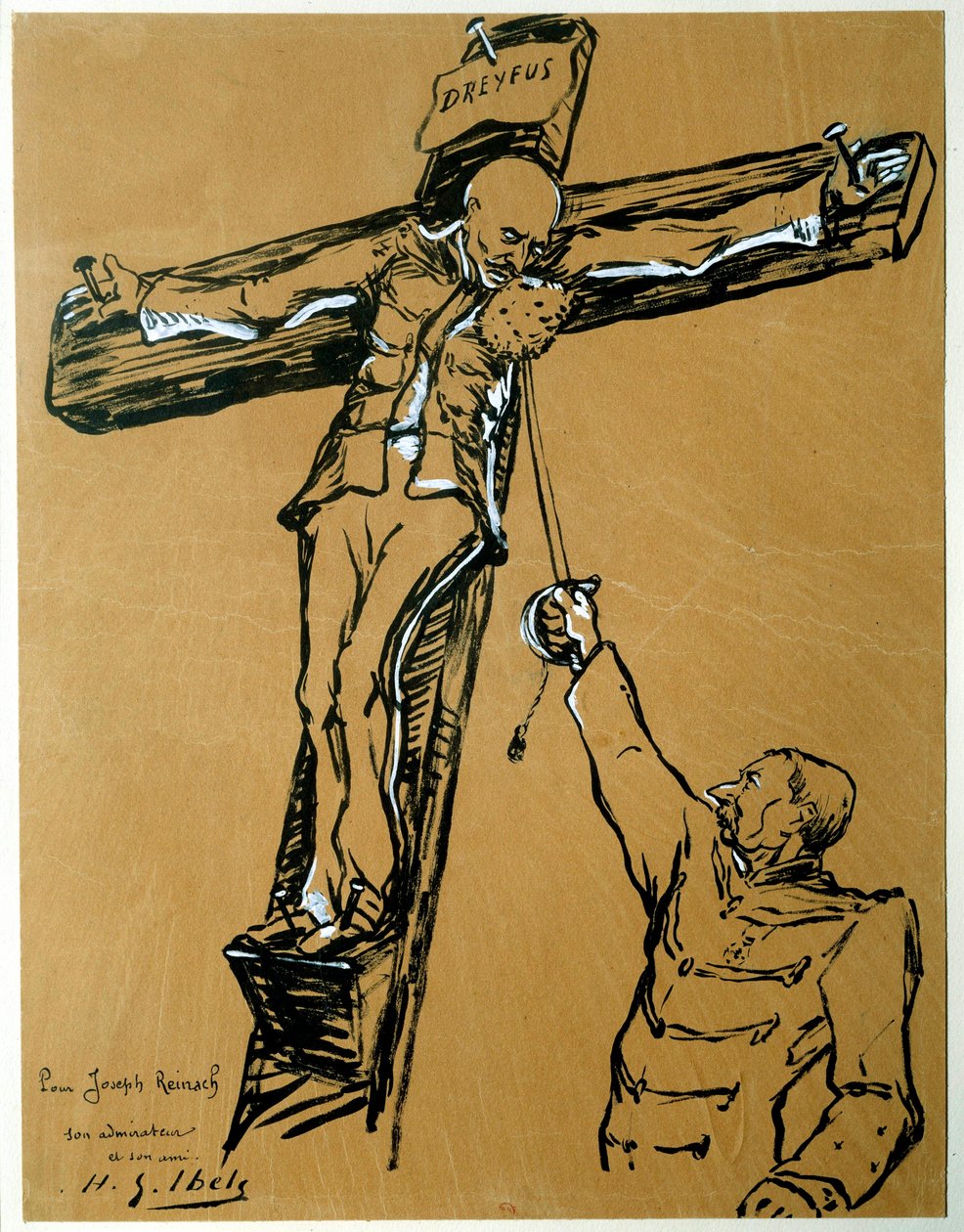 Sátira sobre o caso Dreyfus: "Capitão Dreyfus e General Mercier (1833-1921): o ministro da guerra que sentenciou Dreyfus, no lugar do soldado romano, estende uma esponja ao Capitão Dreyfus crucifica para que ele limpe o rosto" tinta chinesa e gouac de Henri Gabriel Ibels
