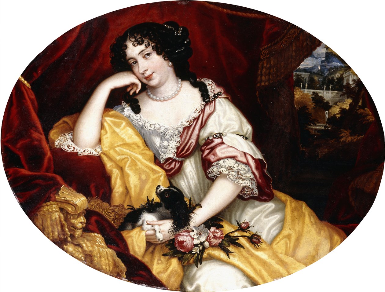 Retrato de uma senhora, sentada três quartos, com seu cachorro diante de uma janela aberta, uma paisagem italiana além, de Henri Gascar