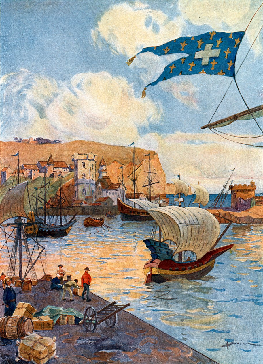 Vista da cidade de Dieppe na Normandia na época do explorador francês Jean Cousin, final do século XV Ilustração de Gaston Henry Darien (1864-1926) de "Notre epopee coloniale" de Pierre Legendre de Henri Gaston Darien