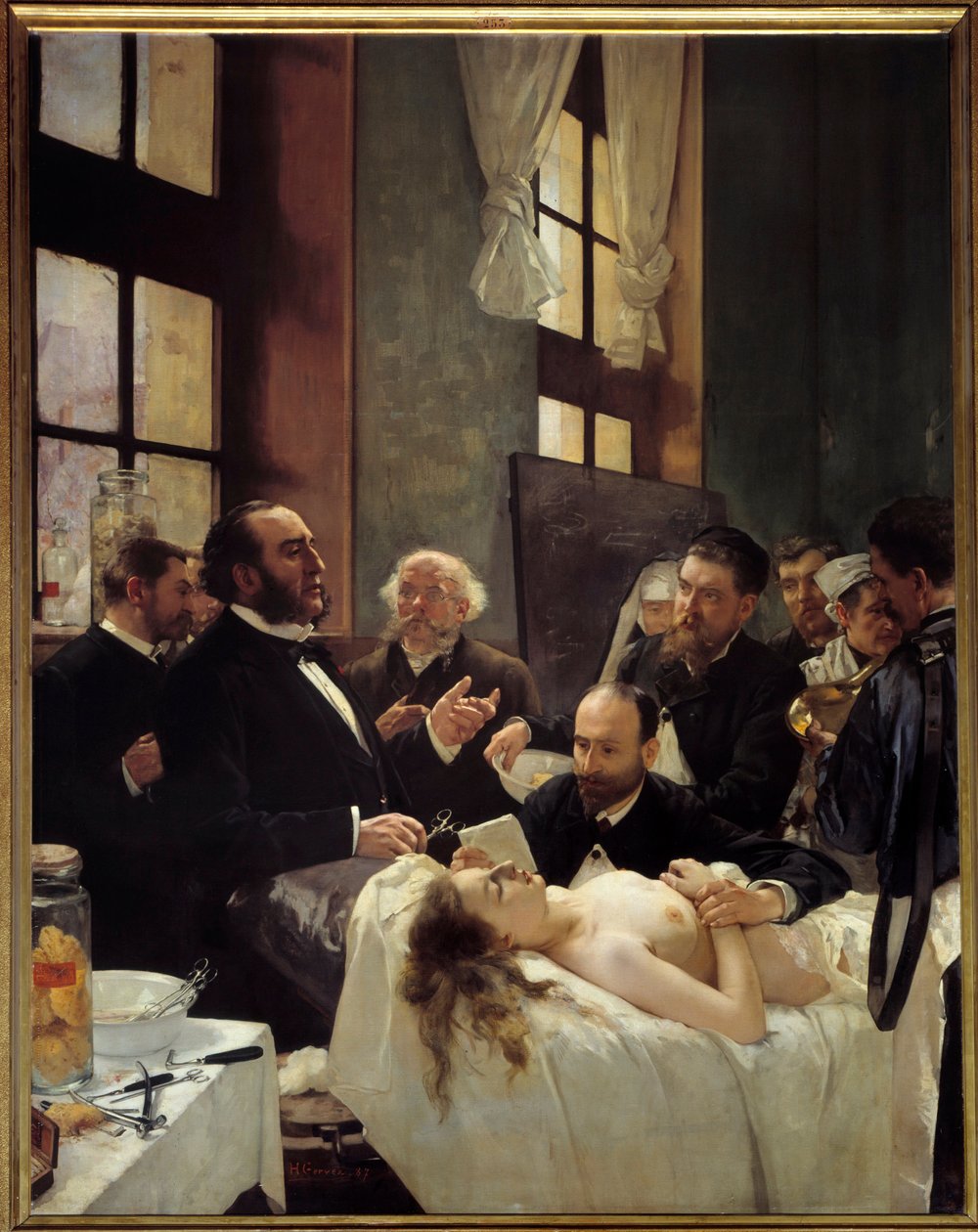 Dr. Jules Emile (Jules-Emile) Pean (1830-1898) ensinando no hospital Saint Louis a sua descoberta do beliscão de navios ou "Antes da operação" Pintura de Henri Gervex (1852-1929) 1887 Sol. 2,42x1,88 m Paris, musee d