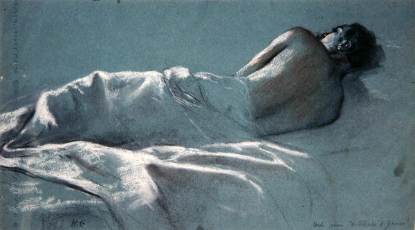 Estudo para Le Blesse de Guerre (carvão vegetal com giz vermelho e branco sobre papel azul) de Henri Gervex