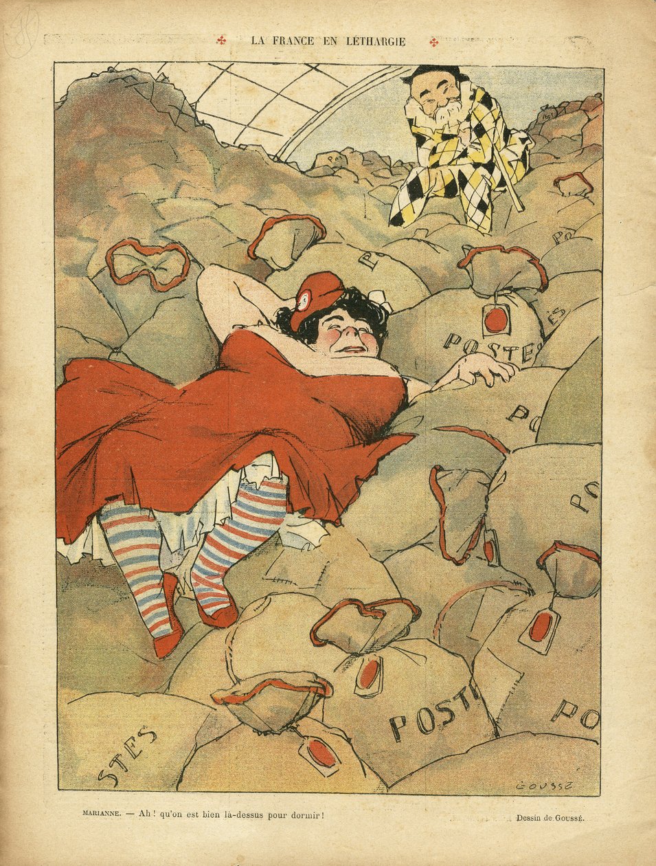 Ilustração de Henri Gousse (1872-1914) em Le Rire, 03/04/09 - La France en lethargie - Social, Greve, Courrier La Poste Postal - Clemenceau George, Marianne de Henri Gousse