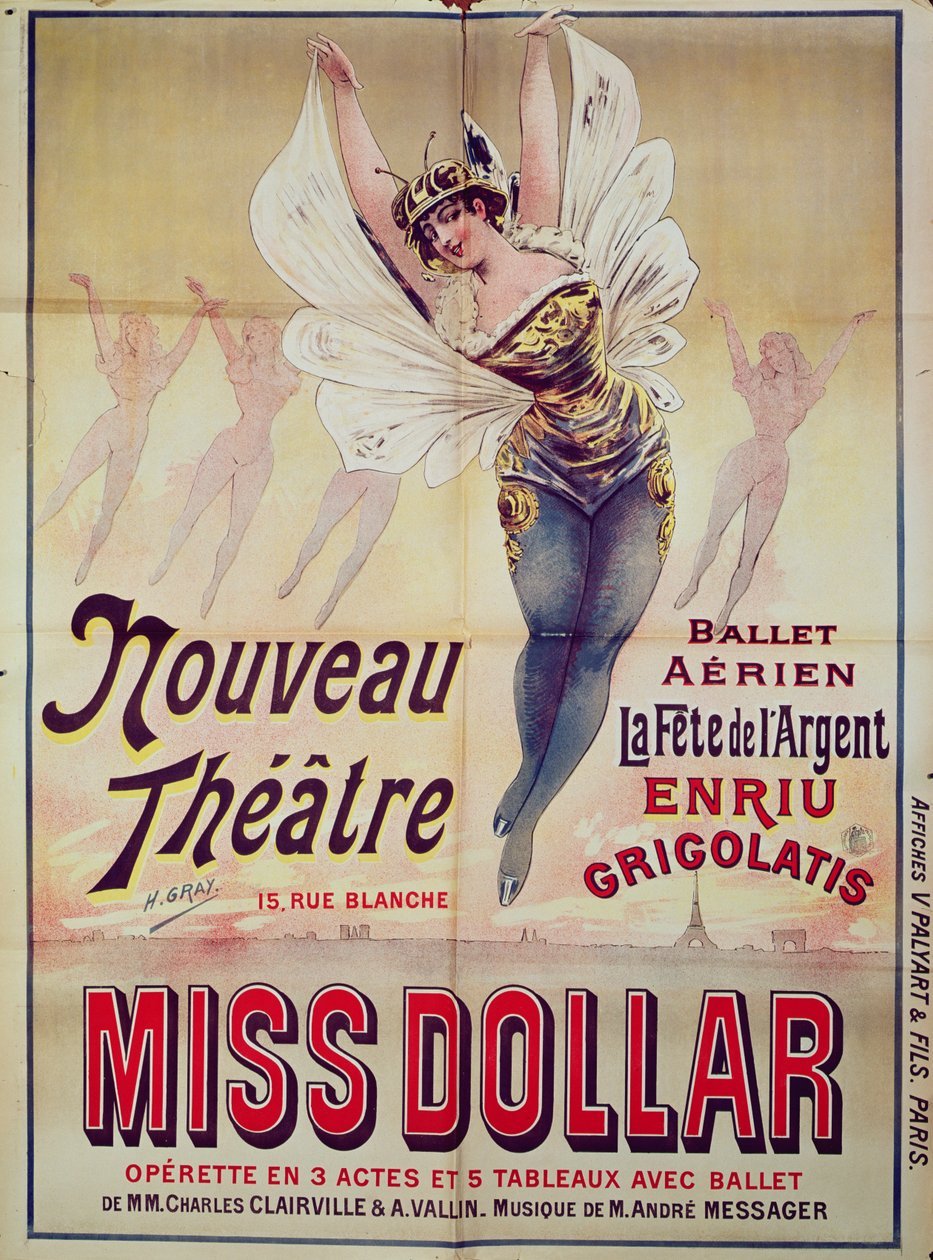 Cartaz publicitário do Ballet Aerien La Fete de lArgent e da opereta Miss Dollar, produzida no Teatro Nouveau, rue Blanche, Paris, 1893 de Henri Gray