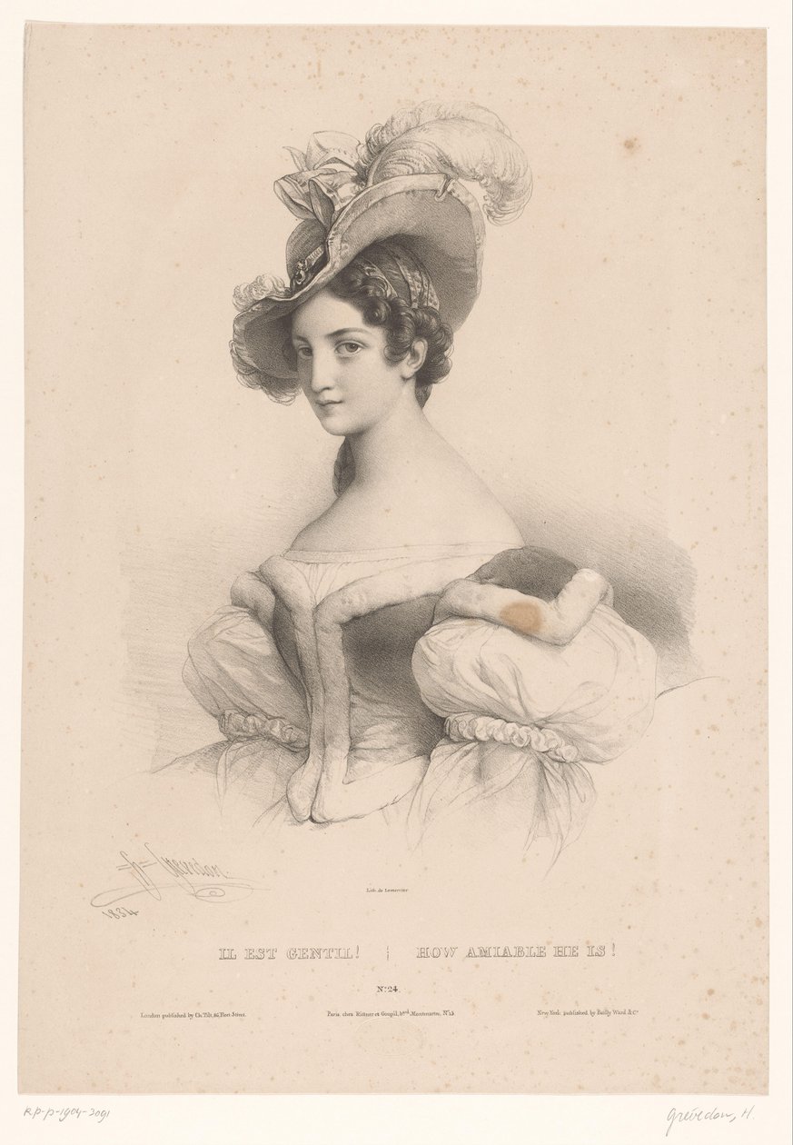 Mulher jovem com pensamentos amorosos Il est gentil! / Como ele é amável! (título no objeto) Representações de figuras perdidas no pensamento (título da série) de Henri Grevedon