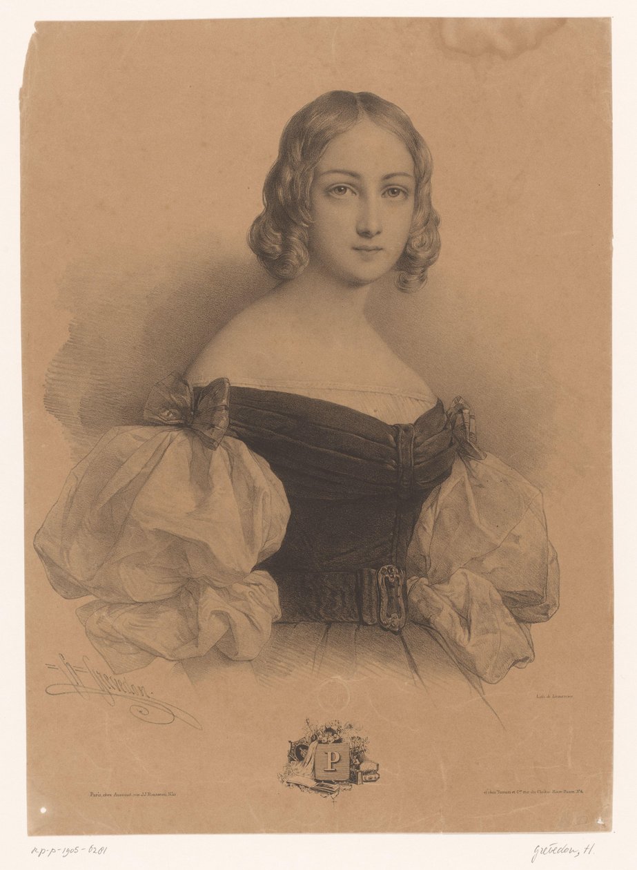 Jovem mulher com nome com letra P
P (título sobre o objecto)
Senhoras para cada letra do alfabeto (título da série)
Le Miroir des dames, ou novo alfabeto francês (título da série) de Henri Grevedon