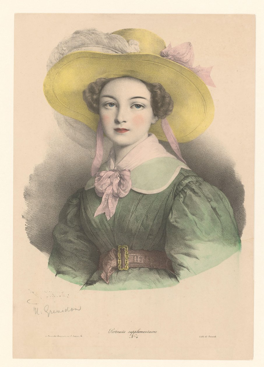 Retrato de uma jovem usando um chapéu com uma pena e um laço Retratos (título da série) Retratos suplementares (título da série no objeto) de Henri Grevedon