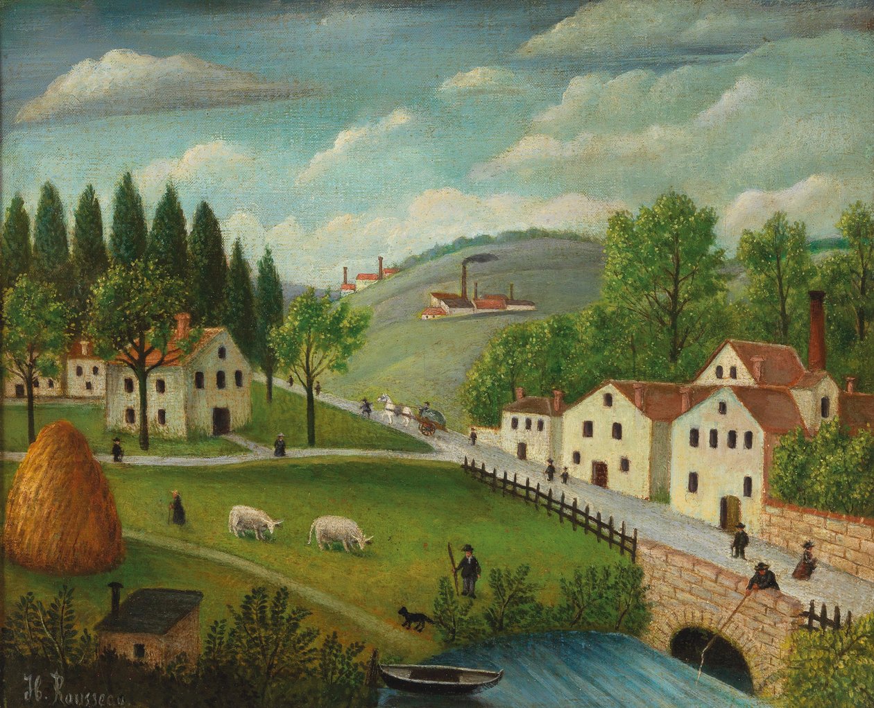 Paisagem pastoral com ribeiro, pescador e passeantes, c. 1875-80 (óleo sobre tela) de Henri J.F. Rousseau