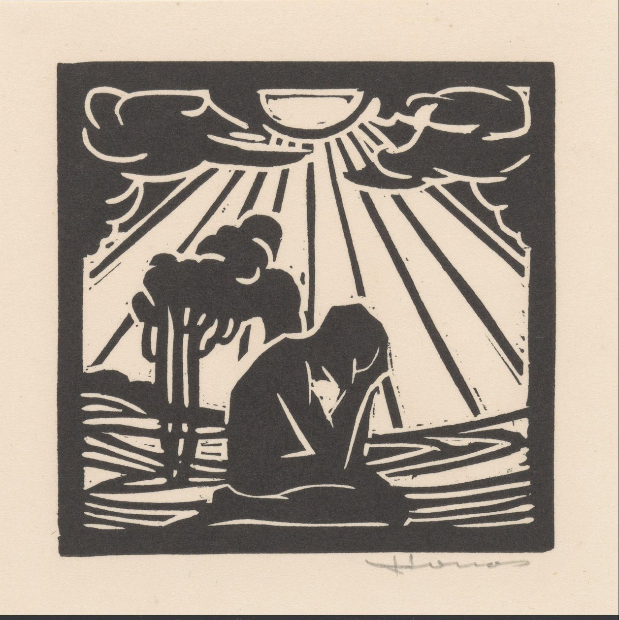 Figura ajoelhada em uma paisagem com árvores de Henri Jonas (signed by artist)