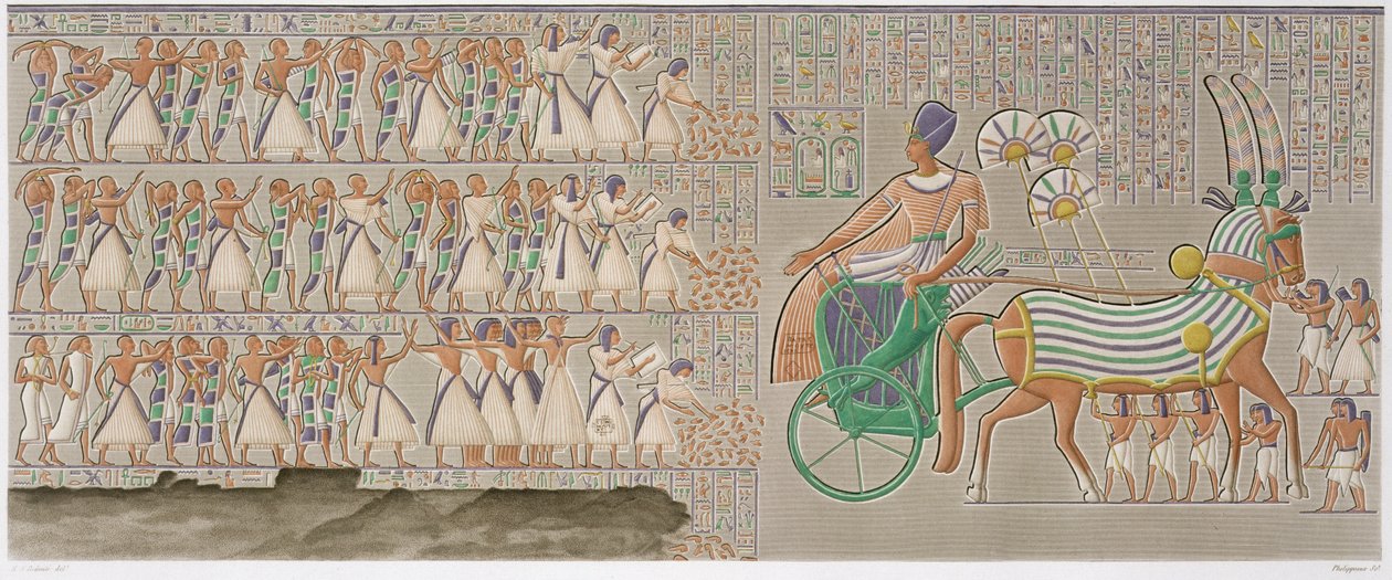 Relevos base coloridos da galeria sul do peristilo do palácio, placa 12 do Vol II de "Descrições do Egipto", gravada por Antoine Phelippeaux (b.1767) 1822 (aquatint) de Henri Joseph (after) Redoute