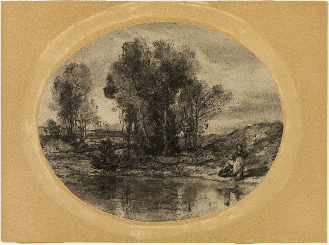 Figuras por uma lagoa de Henri Joseph Constant Dutilleux