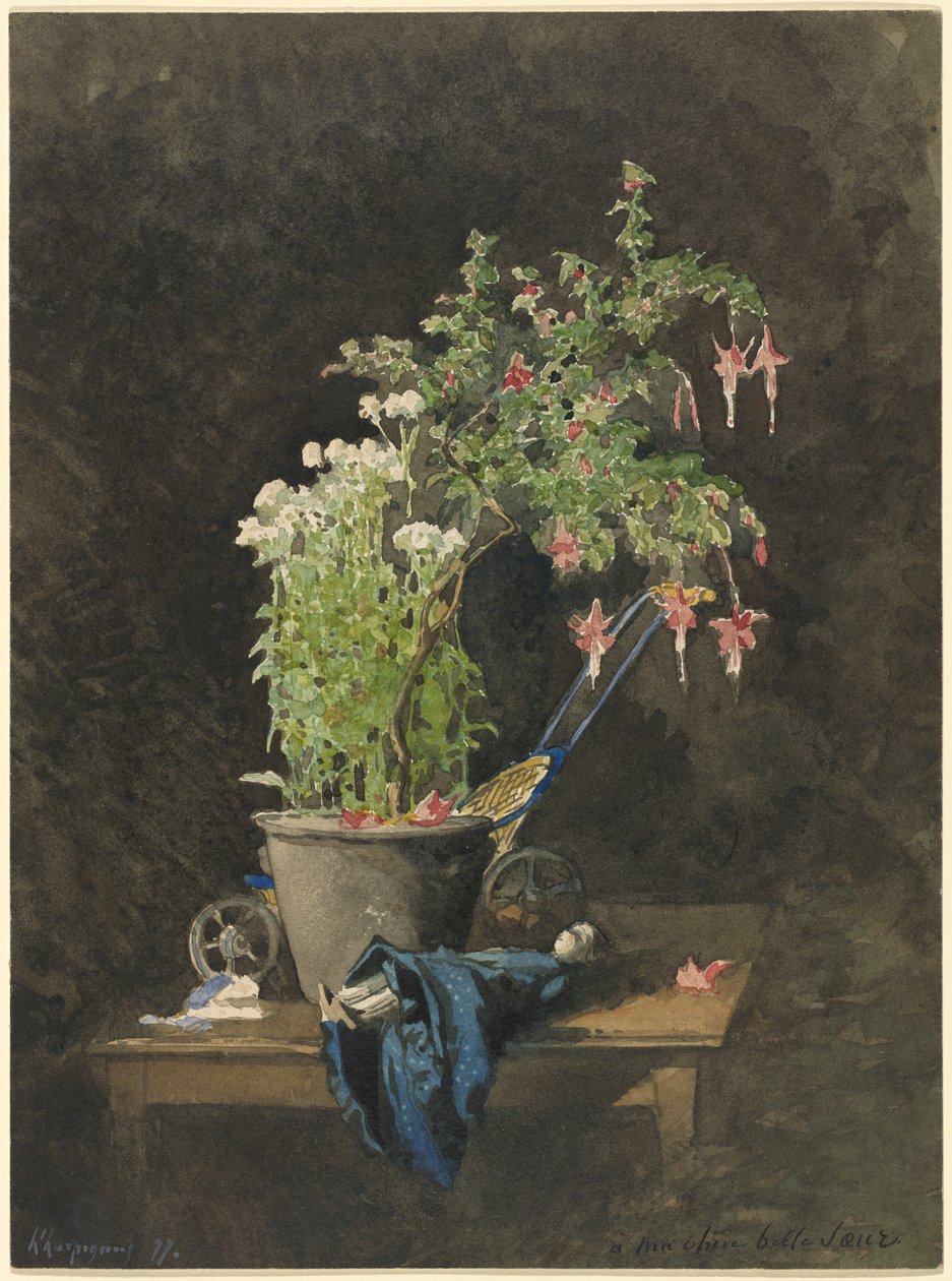 Um vaso de fúcsia com brinquedos infantis de Henri Joseph Harpignies