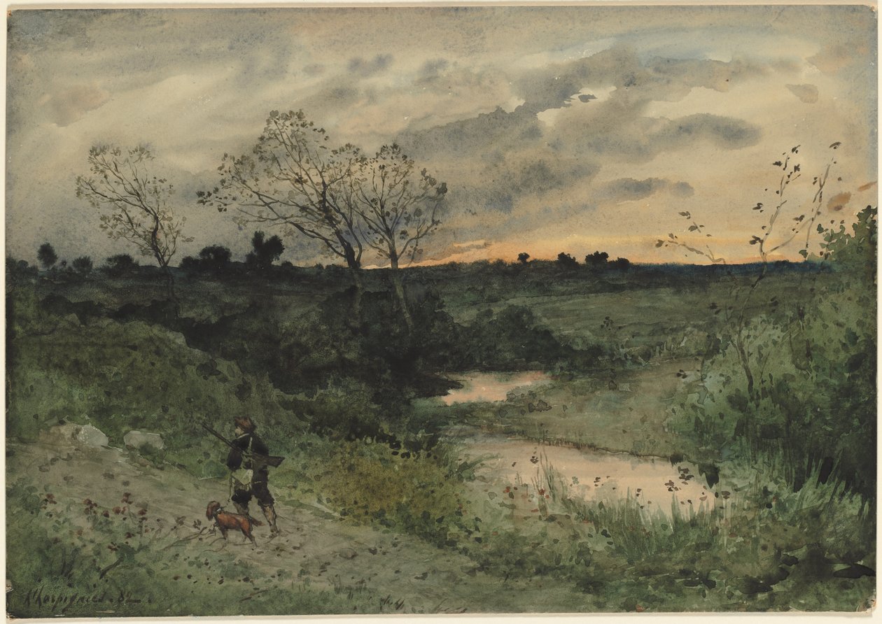 Dawn - Hunter with Dog, 1882. de Henri Joseph Harpignies