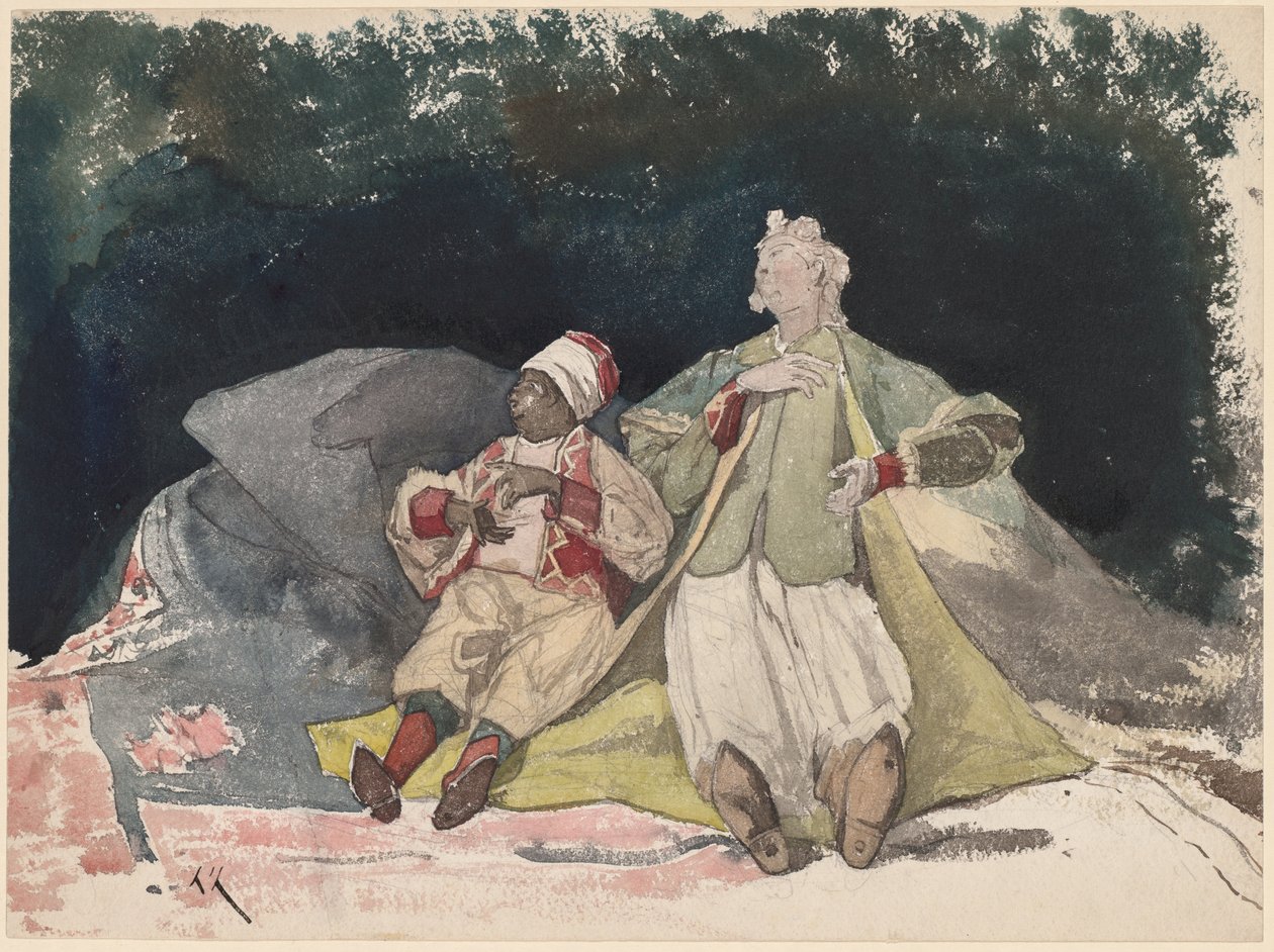 Duas bonecas ou fantoches sentados em almofadas de Henri Joseph Harpignies