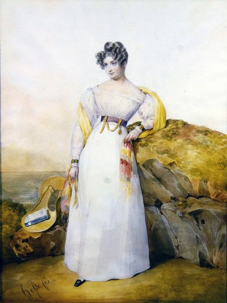 Retrato de uma senhora numa paisagem (aguarela e guache em veludo) de Henri Joseph Hesse