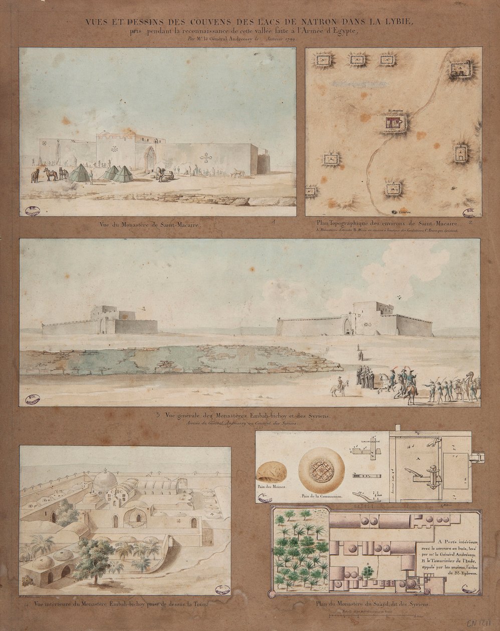 Seis vistas e desenhos do lago Natron na Líbia, feitos durante a missão de reconhecimento do exército egípcio liderada pelo General Andreossy, 1799 (caneta, tinta e papel no chão) de Pierre Joseph Redouté