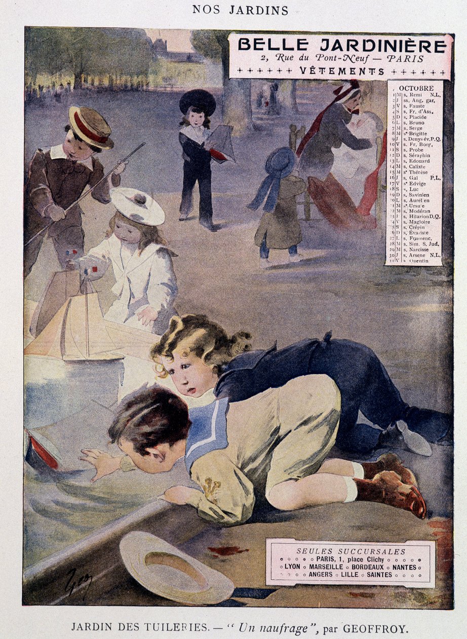Crianças brincando no Jardim das Tuileries por Jean Geoffroy (1853-1924), calendário "Belle Jardiniere", série "Nos Jardins", outubro, n.d. v.1900. de Henri Jules Jean Geoffroy