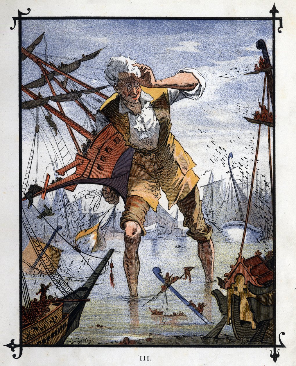 Lemuel Gulliver no centro de uma batalha naval entre os navios de Lilliput e Blefuscu. Ilustração para "Gulliver