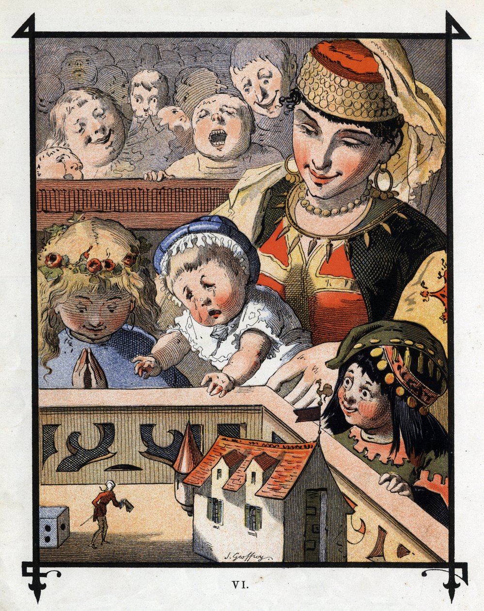 Lemuel Gulliver, na terra dos gigantes de Brobdingnag, é um curioso para as crianças. Ilustração para "Gulliver