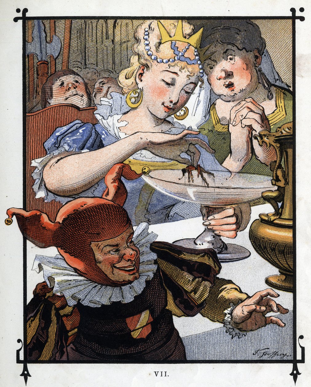 Lemuel Gulliver é repintado de um prato no qual foi caído pela rainha de Brobdingnag. Ilustração para "Gulliver