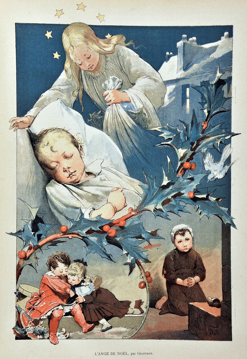 O anjo do Natal. Ilustração de Jean GEOFFROY (1853-1924) Gravação de 1887 no "Paris-Illustrous journal weekly". de Henri Jules Jean Geoffroy