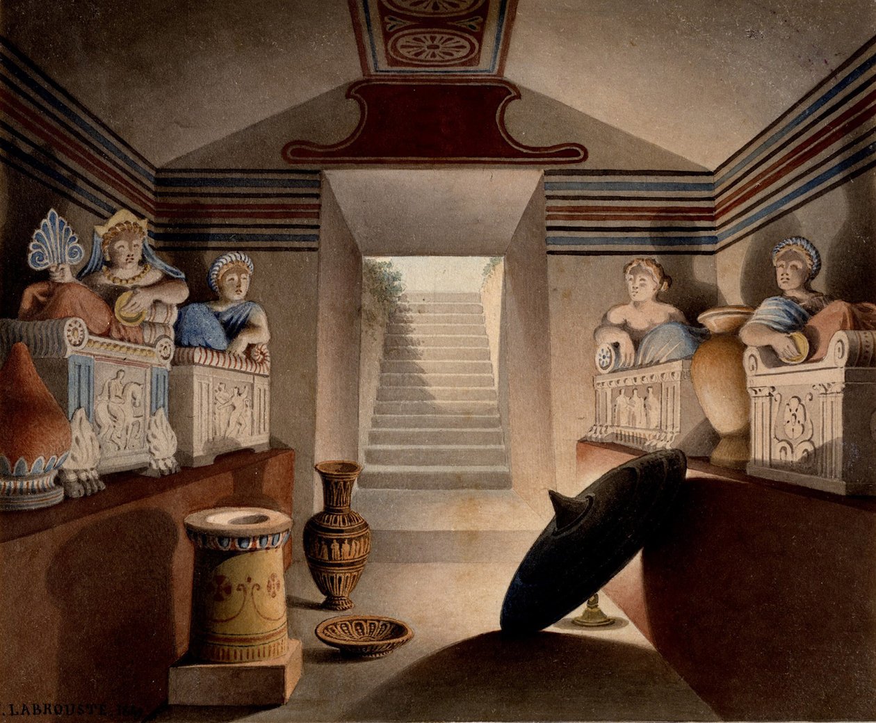 Vista de uma tumba etrusca, 1849 (wc e grafite sobre papel) de Henri Labrouste