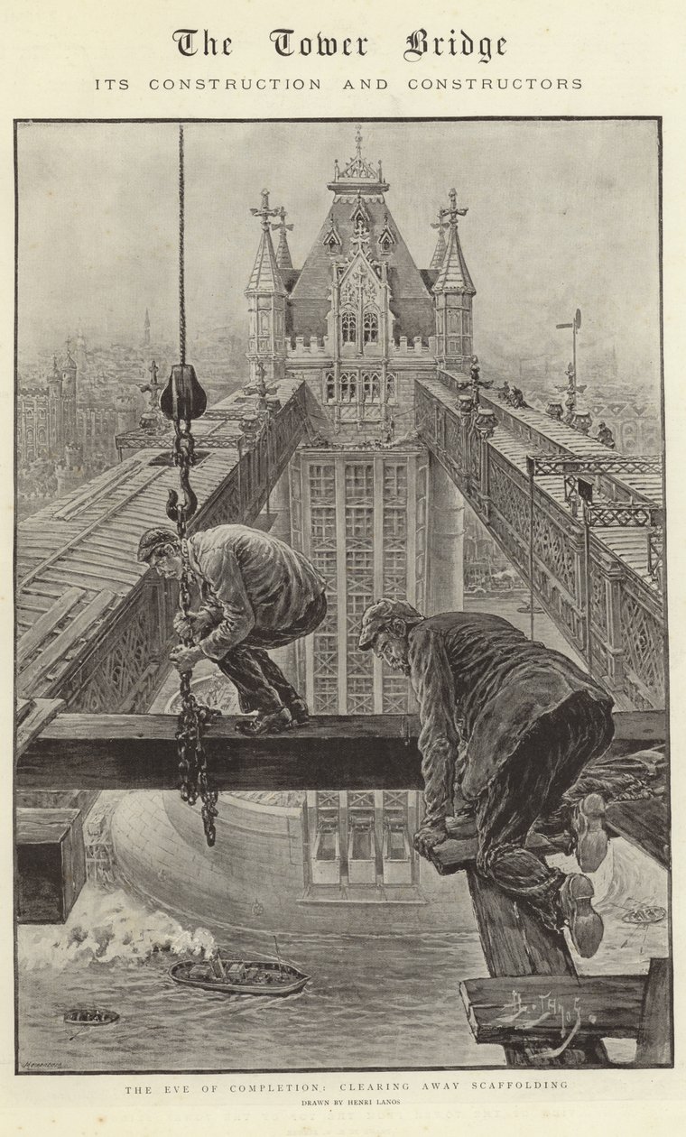 A Tower Bridge, a sua construção e os seus construtores (litografia) de Henri Lanos